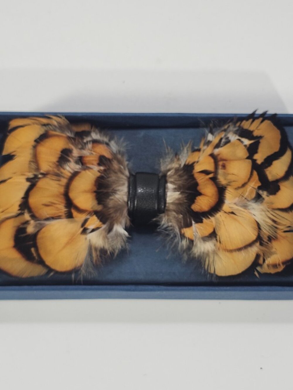 Real Pheasant Feather Black Faux Leather Bow Tie Pre-tied Tiger Golden Brown